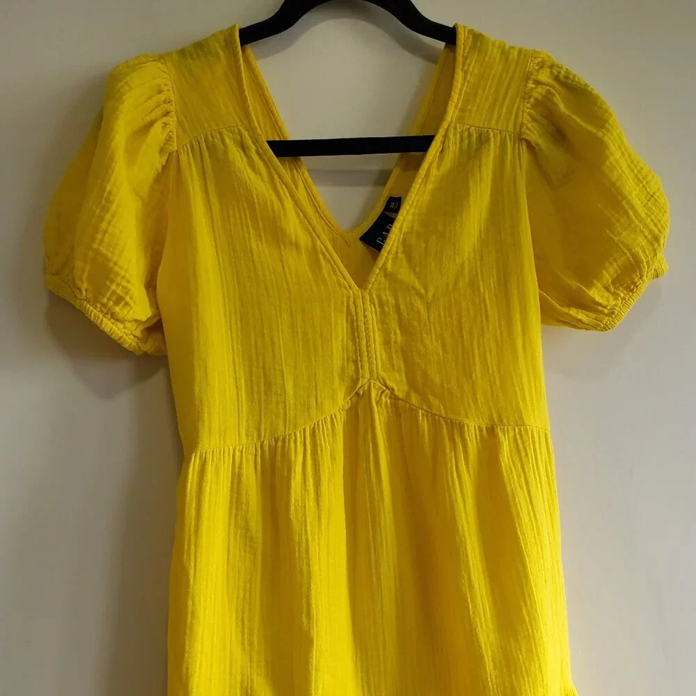Brigth Yellow GAP crinkle gauze puff sleeved tiered mini dress size XS Festival - Picture 4 of 11